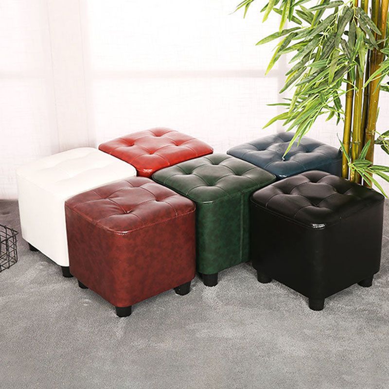 Modern Square Pouf Pure Color Tufted Upholstered Faux Leather Cube Ottoman