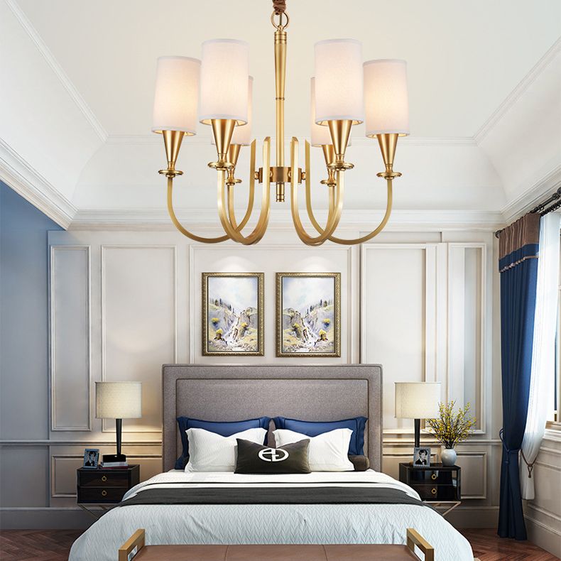 Brass American Traditional Style Chandelier Cylindrical Fabric Shade Dining Room Lighting Fixture with 19.6" Adjustable Suspension Chain