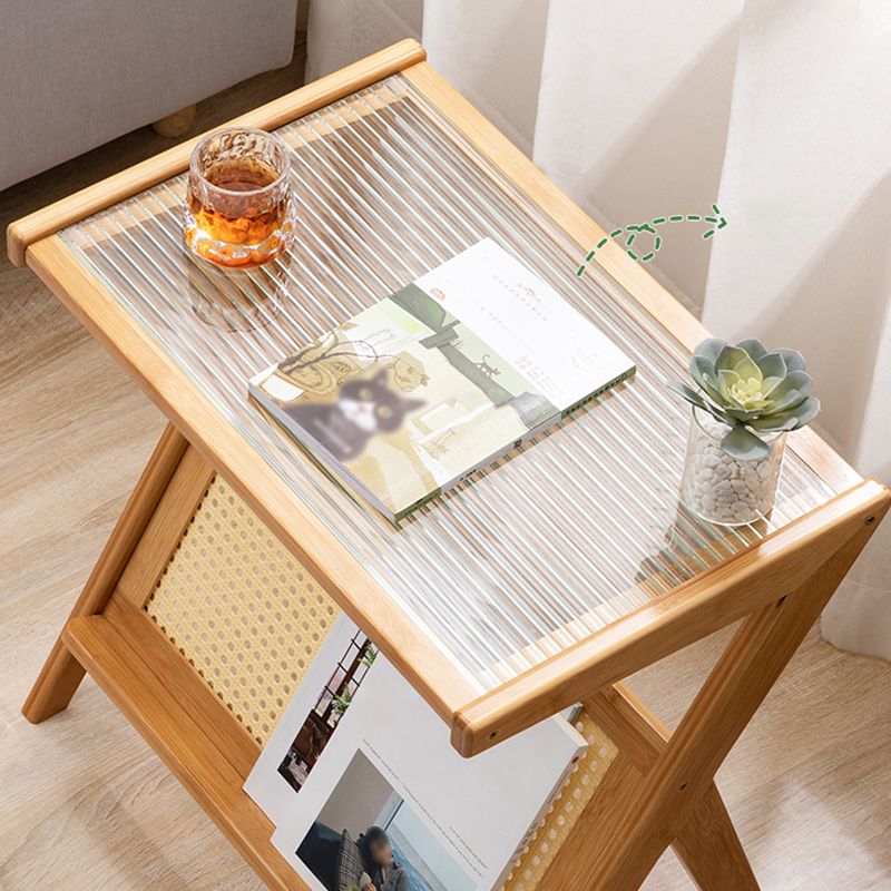 Asian Style Accent Side Table Wood and Glass with Storage and Shelf Corner Table