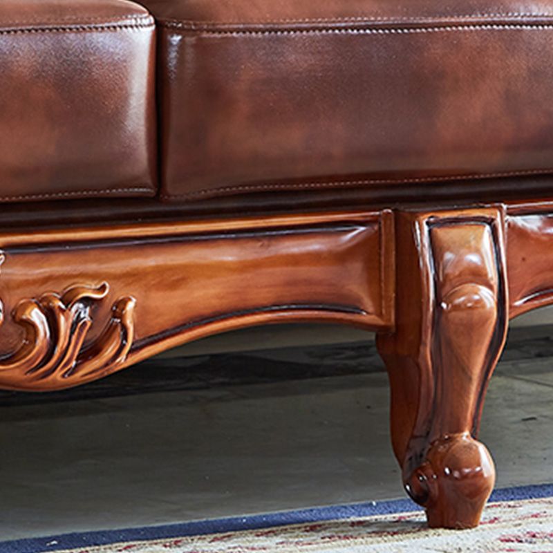 Tufted Split-Back Sofa Genuine Leather Rolled Arm Sofa in Brown