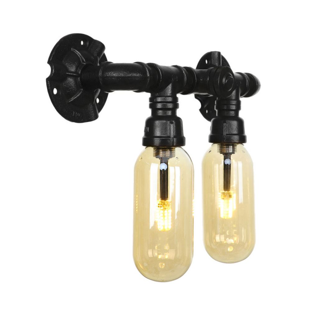 Capsule Living Room Wall Light Fixture Industrial Amber Glass 2/4 Light Black Sconce Lamp with Pipe Design