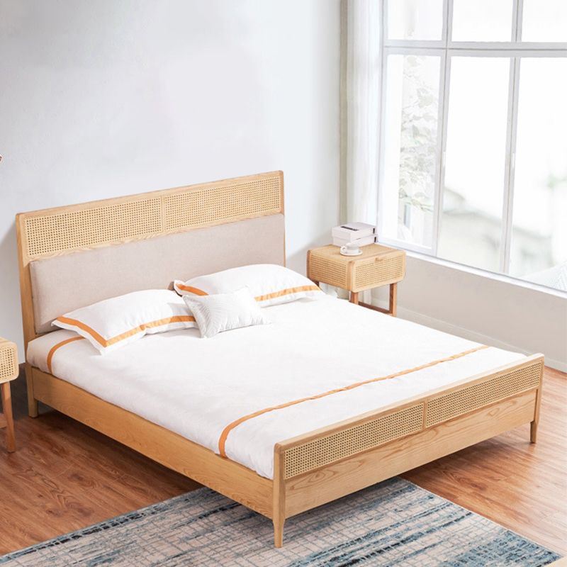 Natural Solid Wood Panel Bed Upholstered Bed Frame with Rattan Accent