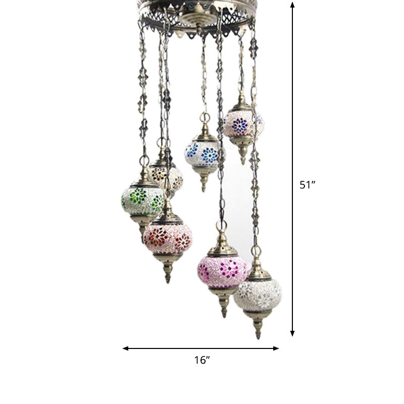 7 bulbes globe plafond lustre rétro rétro-coloré en verre pendant éclairage en bronze