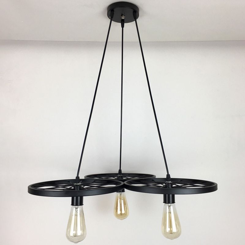 3/6 Lights Iron Hanging Chandelier Farmhouse Black Wheel Bistro Ceiling Pendant Lamp