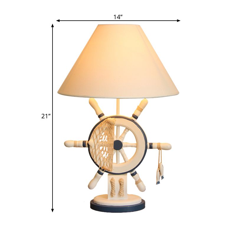 LifeBuoy / Rudder Wooden Table Light Kids Light Blue Blue Nightstand Lampe avec une teinte en tissu conique