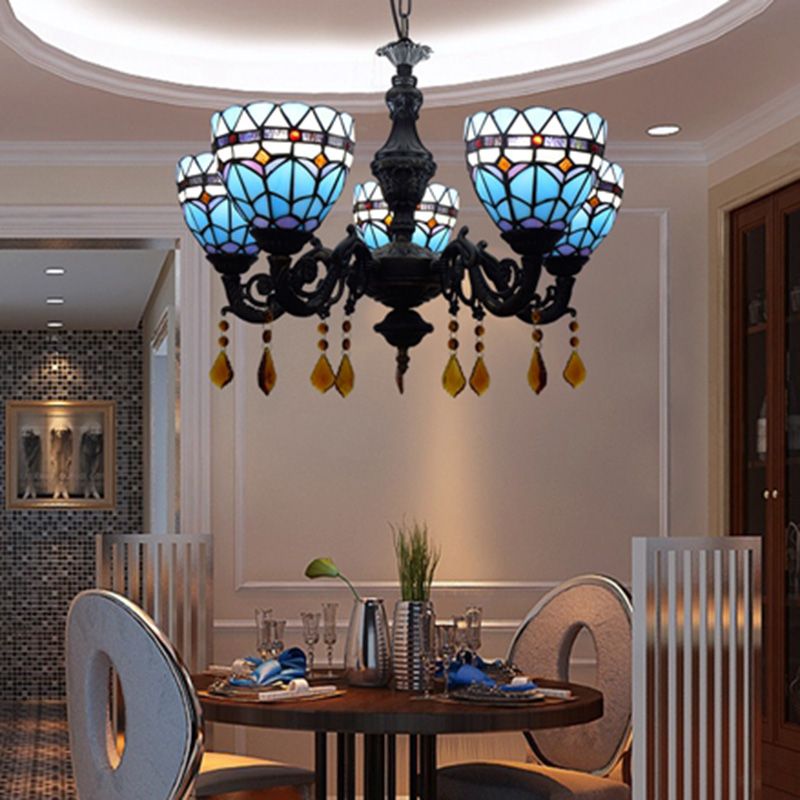 Lustre de style tiffany 5 lumières vitrail