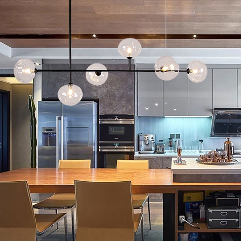 Glass Bubble Shade Hanging Chandelier for Restaurant 6 Lights Modern Metal Island Light in Black
