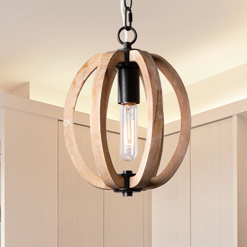 Country Style Orb Drop Light Wood One Light Ceiling Pendant Light in Black for Foyer