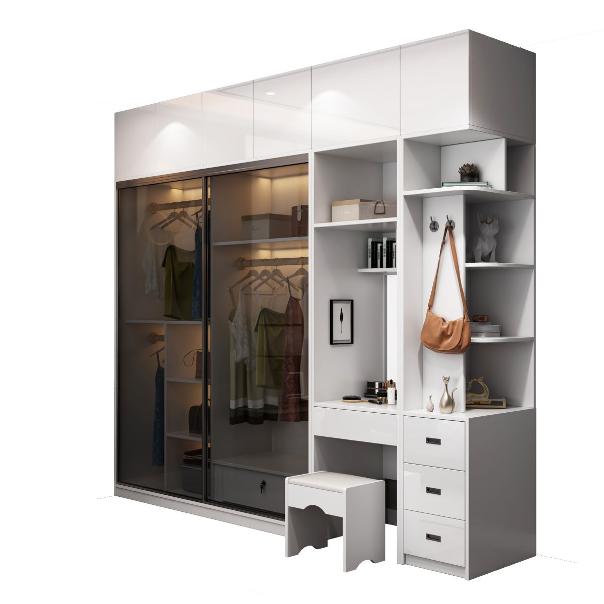 Wood and Glass Wardrobe Armoire Contemporary Sliding Wardrobe Closet