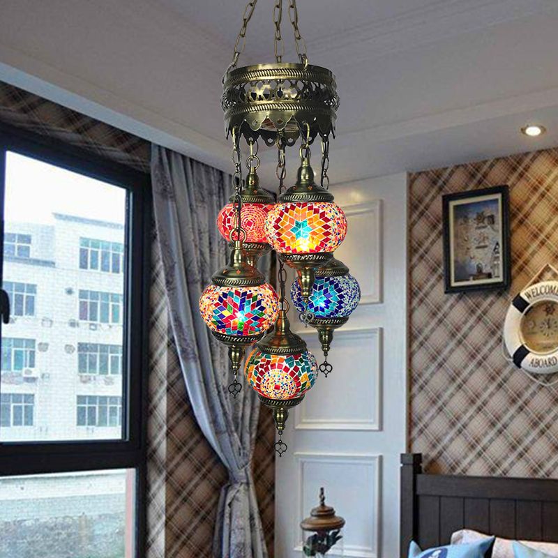 Vintage Oval Chandelier Light Fixture 5 Heads Stained Art Glass Hanging Lamp for Bedroom in Orange/Blue