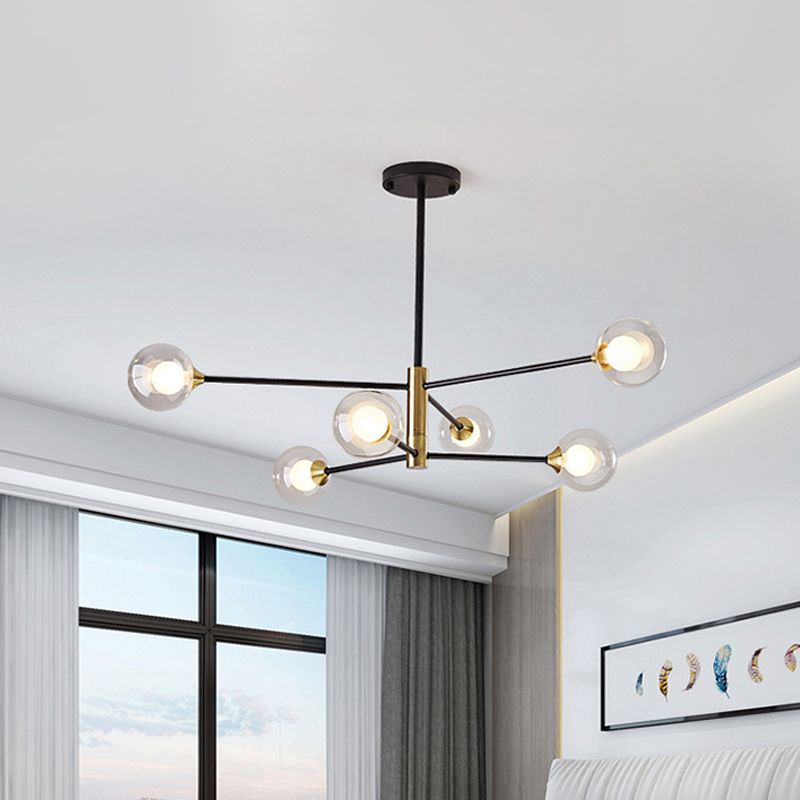 Postmodern 6/8 Lights Chandelier Lighting Black and Gold Branch Pendant Lamp with Ball Dual Clear Glass Shade
