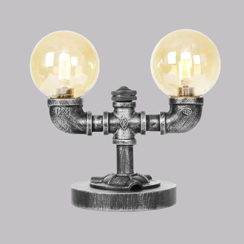 Lampada da scrivania industriale con paralume rotondo Illuminazione da lavoro in vetro trasparente/ambrato a 2/3 lampadine in argento antico/bronzo con base
