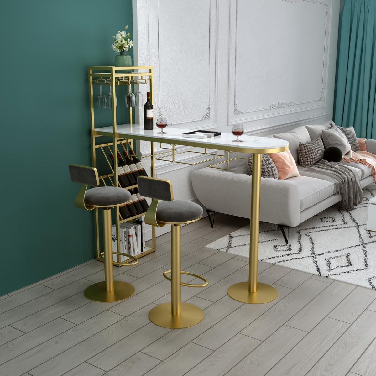 Glam Style Iron Bar Table 41.3"H Faux Marble White Top Bistro Table with Wine Rack