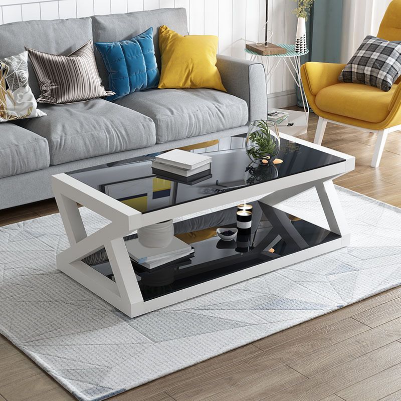 17.7" Tall Modern Trestle Base Glass Rectangular Coffee Table with Shelf