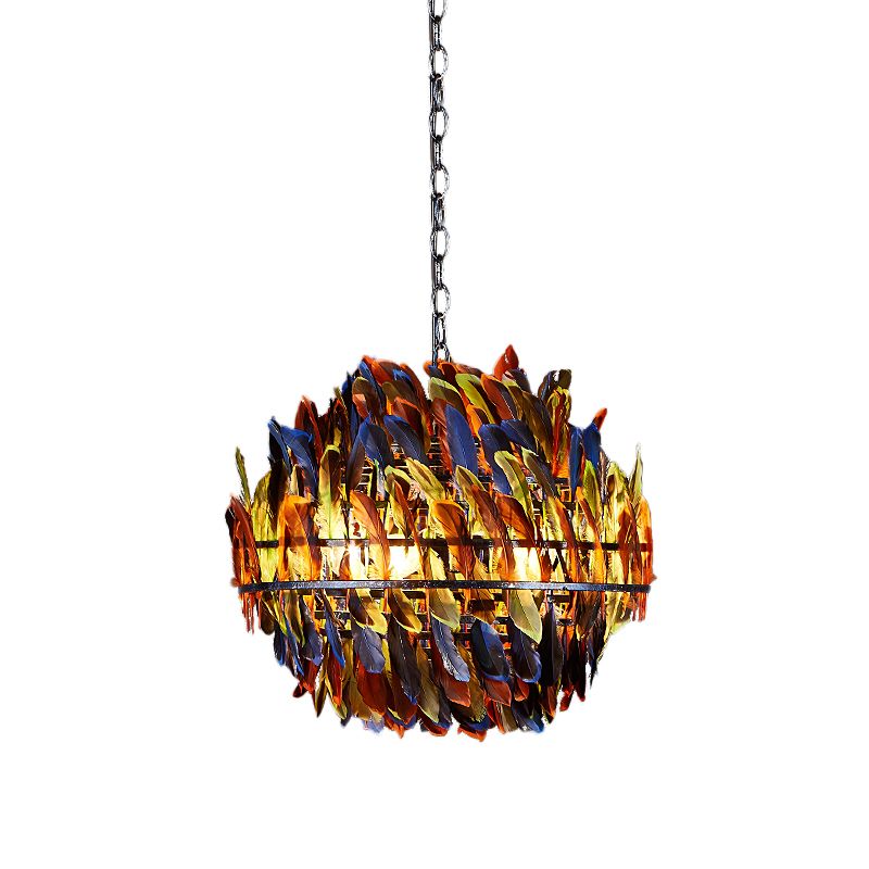 Iron Blue Ceiling Chandelier Globe Cage 4-Light Industrial Suspension Lamp with Multi-Color Feather Deco
