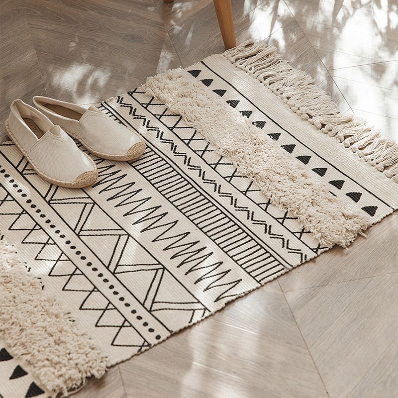 Ethnic Indoor Rug Funky Ameicana Pattern Rug Cotton Blend Washable Carpet with Fringe