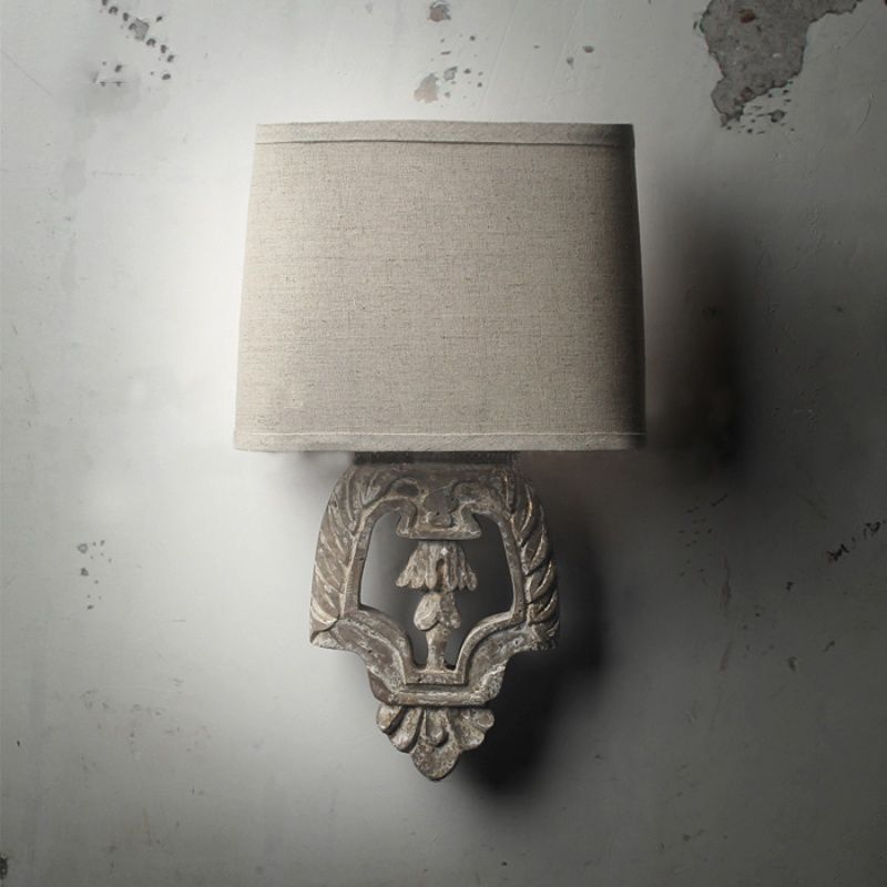 Square Fabric Wall Light Fixture Country 1 Light Corridor Wall Lamp Sconce in Brown with Carved Backplate