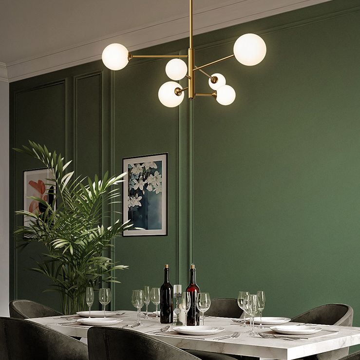 Contemporary Simplicity Molecular Chandelier White Glass Orb Brass Hanging Light for Dining Room