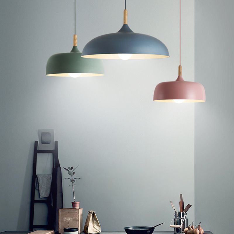 Wooden Macaron Pendant Light in Modern Creative Style Wrought Iron Dome Hanging Lamp for Dining Room