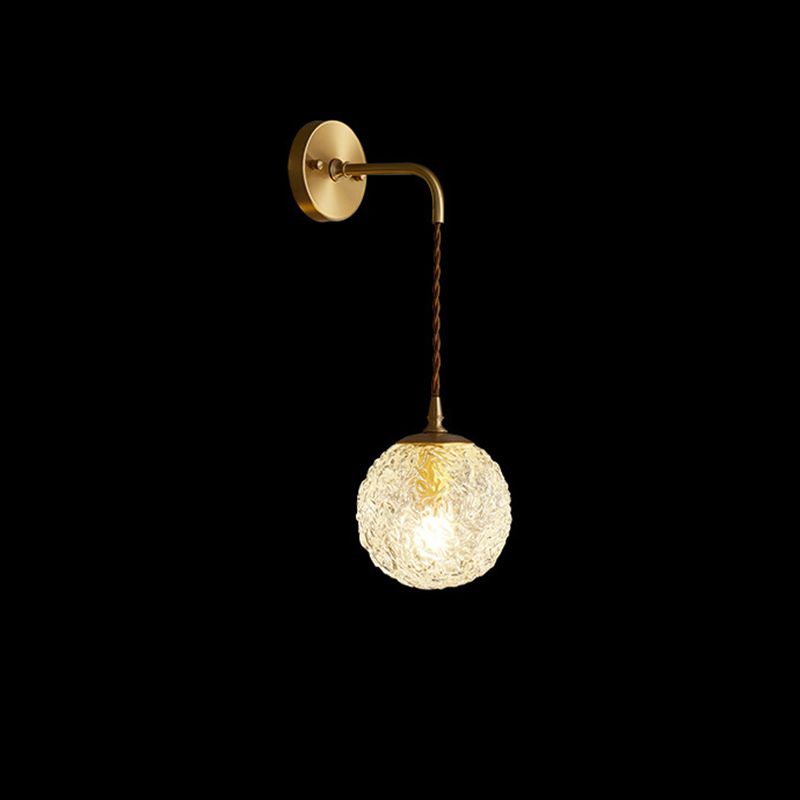 Gold Globe Hanging Wall Sconce in Modern Artistic Style Copper Indoor Wall Lamp with Ripple Crystal Shade