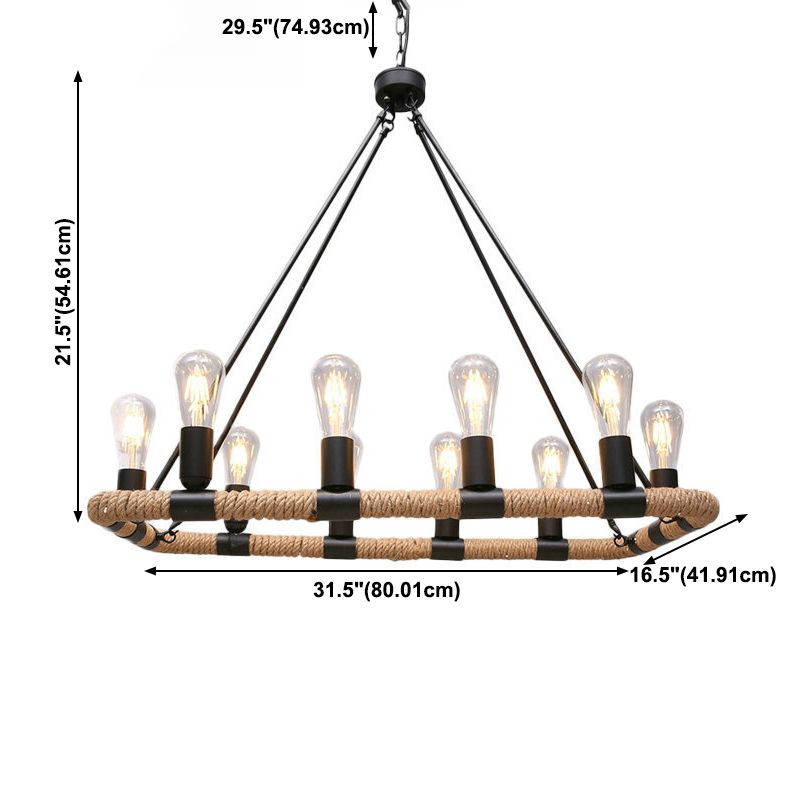 Rectangular Hemp Rope Island Lamp Industrial 10-Light Dining Room Suspension Light