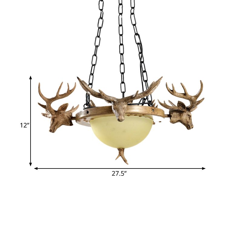 3-Bulb Glass Suspension Light Modern Beige Hemisphere Living Room Chandelier Lighting with Deer Head