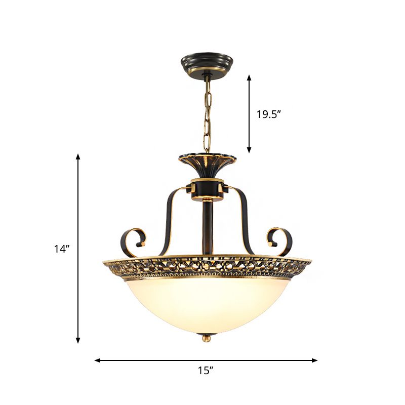 Domed Opal Glass Ceiling Chandelier Traditional 3 Lights Dining Room Suspension Lamp in Brass