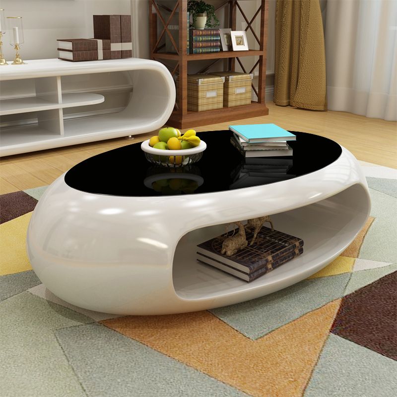 Modern Oval Coffee Table with Storage Shelf and Plastic Pedestal Base