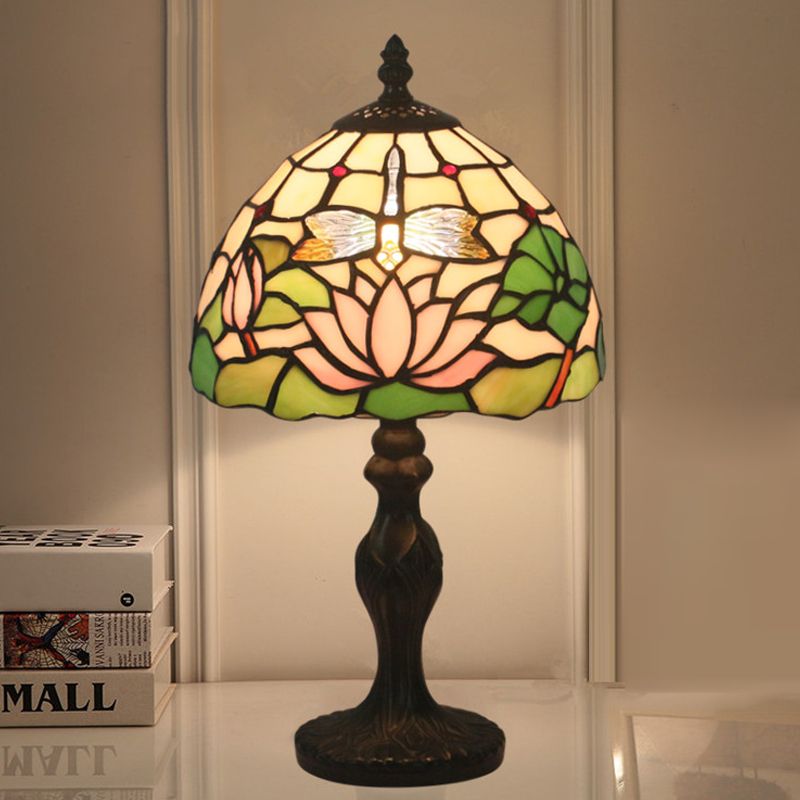 Lotus Pattern Table Lighting Tiffany Cut Glass 1-Light Dark Brown Night Stand Lampe