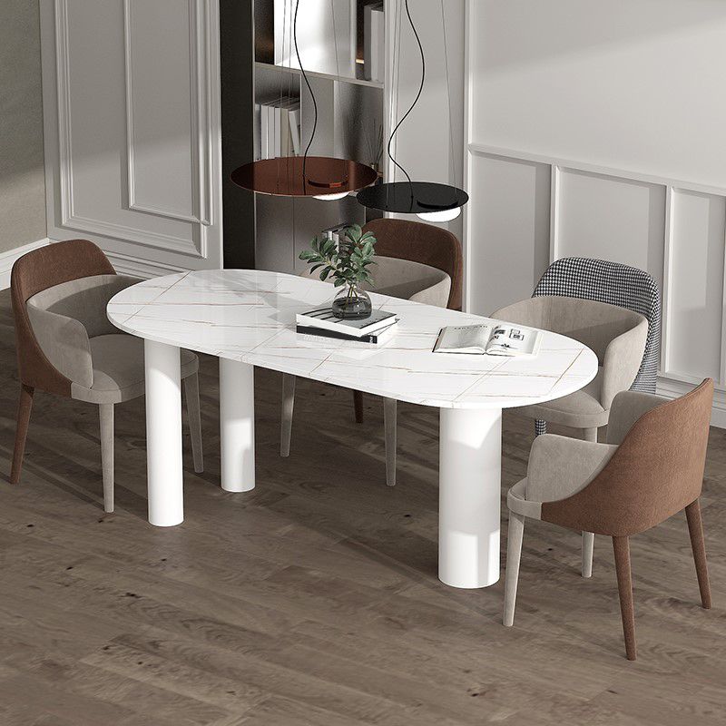 Modern Stone Top Oval Dinette Table Wood Tripod Base Dining Table in White