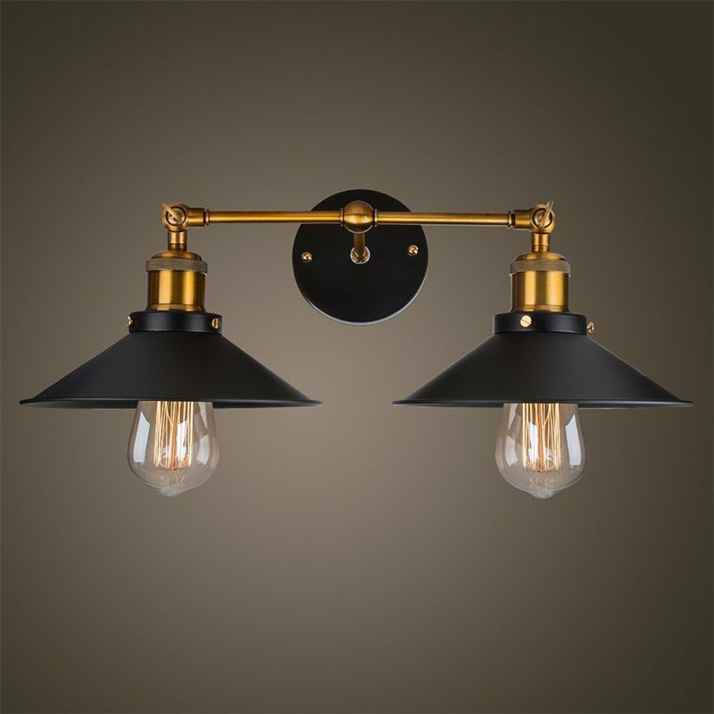 Cone Workshop Wall Light Kit Rustic Metal 1/2-Light Black Wall Mount Lamp with Rotating Brass Linear Arm