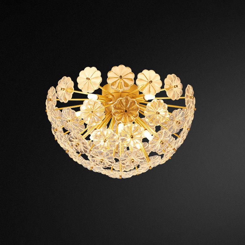 Dome Shaped Flush Mount Modern Crystal Flower Living Room Flushmount Ceiling Light in Brass