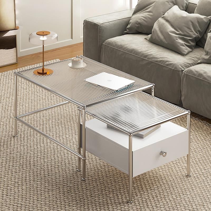 Modern 2 Nesting Glass Coffee Table Set Steel 4 Legs 1 - Drawer Cocktail Table