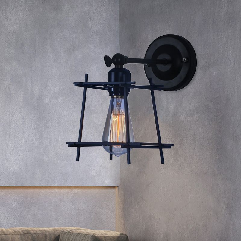 1 Kopfwandlicht Retro -Stil Kubikschatten Metall Wandleuchte mit Drahtschutz in Schwarz für Schlafzimmer