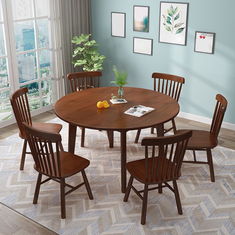 Round Wood Color Dining Table Rubberwood Solid Wood Table Modern with 4 Legs Pedestal