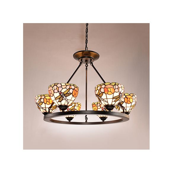Dragonfly Suspension Light with Bowl Shade Stained Glass 6 Lights Indoor Chandelier Light for Foyer