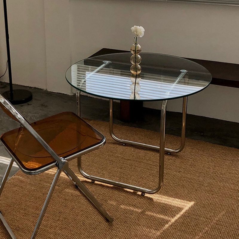 Modern Round Glass Coffee Table with Stainsteel Sled Stainless Steel Base