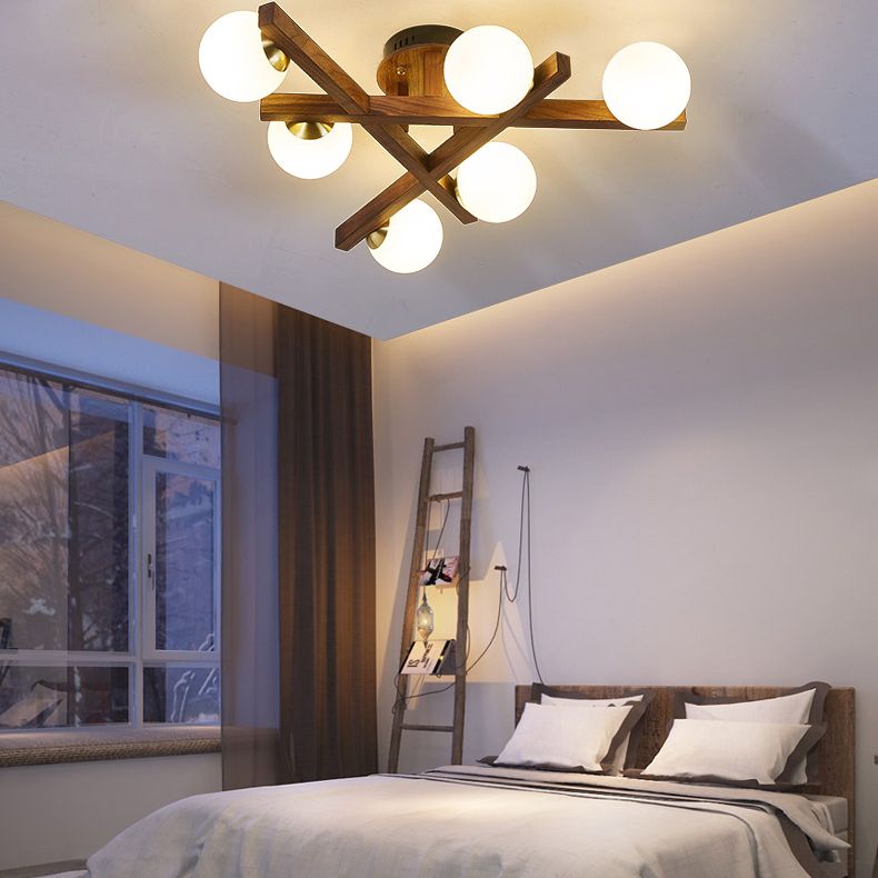 Log Color Sputnik LED Semi Flush Mount in Modern Luxury Style Wooden Ceiling Light with Opal Glass Shade