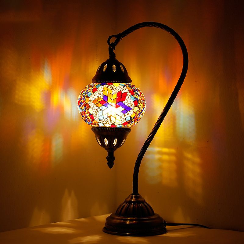Asian Lantern Nightstand Light 1 Bulb Hand Cut Glass Night Lamp with Gooseneck Arm for Drawing Room
