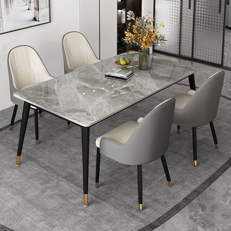 Juego de comedor rectángulo de piedra sinterizado moderno juego de comidas blancas estándar con 4 patas base