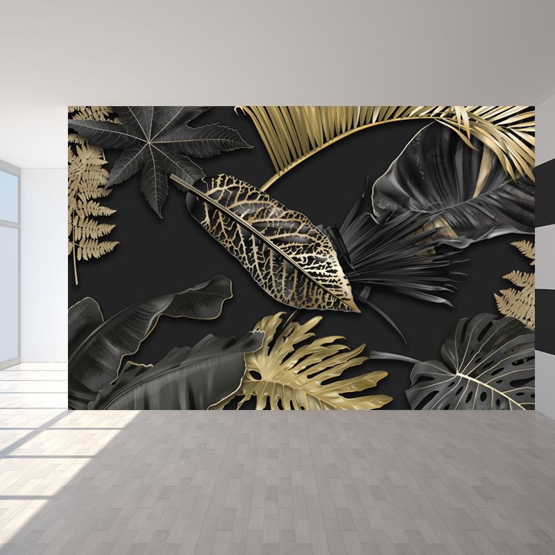 Black Leaves Mural Wallpaper Botanical Tropical Washable Wall Covering for Kitchen