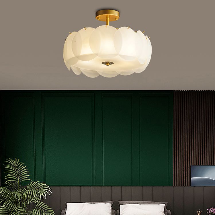 Gold Metal Semi Flush Lamp Modern Multi-Head Bedroom Ceiling Lighting with Glass Shade
