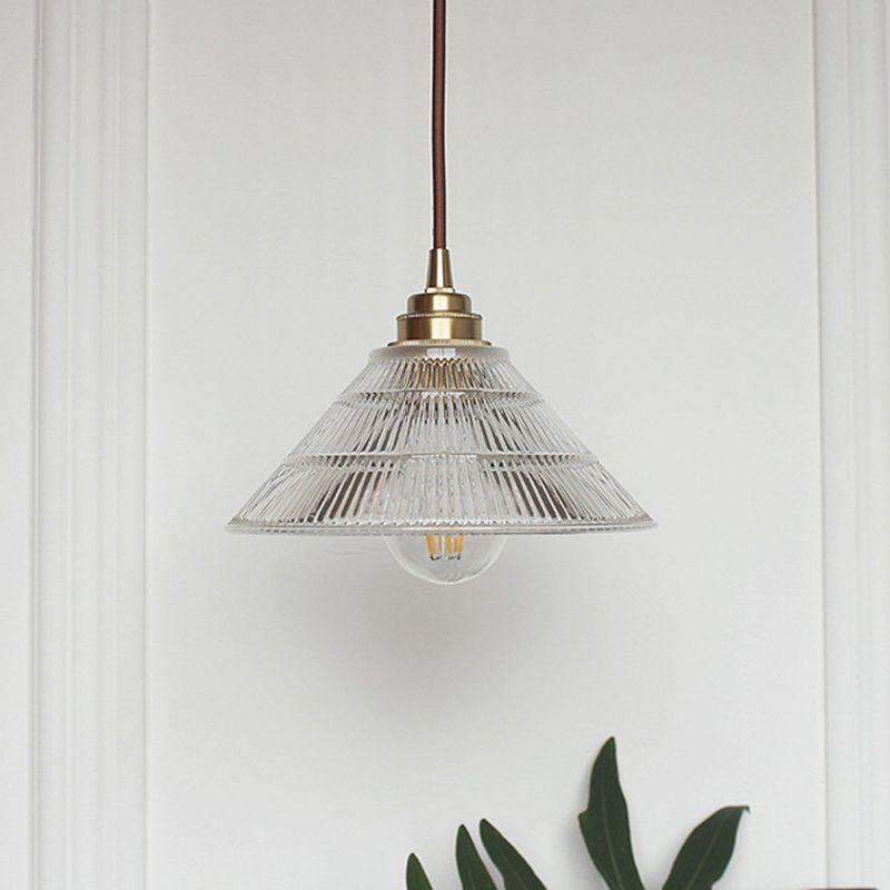 1-Light Clear Ribbed Glass Drop Lamp Industrial Brass Cone Shade Dining Room Ceiling Light