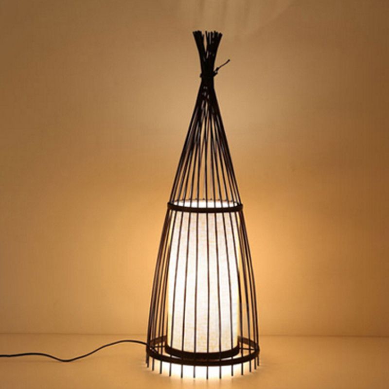 Planchers en forme de poisson noir / beige Light Asie Asie Bulb Bamboo Stand Up Lampe for Living Room, 12 "/ 15" W