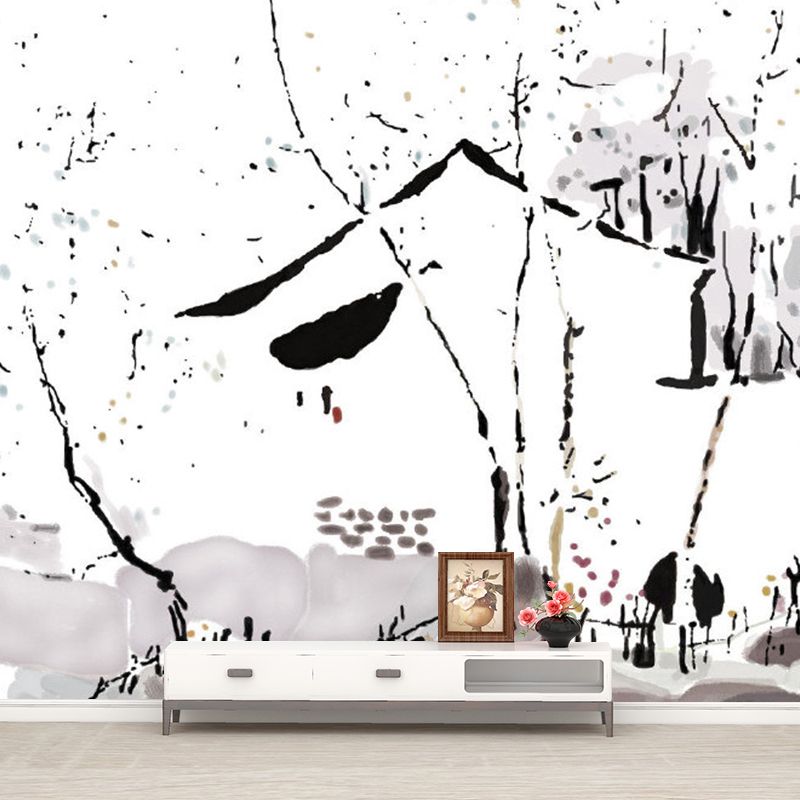 Chinese Ink Painting Farmhouse Mural Black-White Moisture Resistant Wall Art for Bedroom