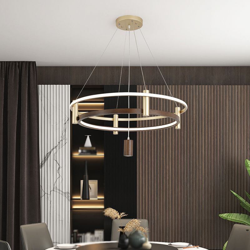 Natural Wood Circle Chandelier Simplicity LED Pendant Light with Spotlight