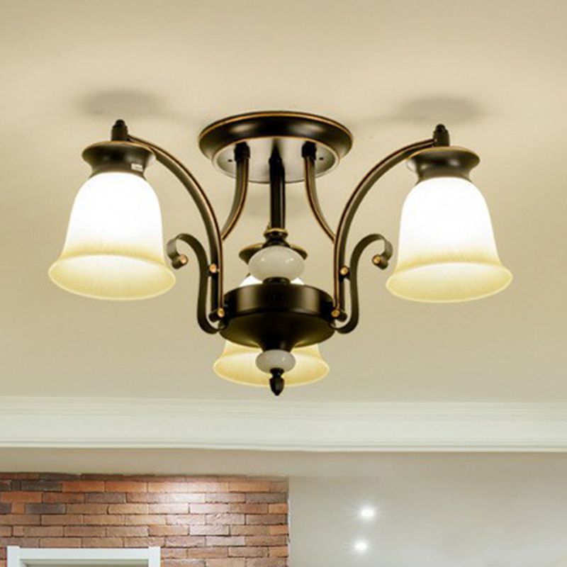Flared Shade Dining Room Semi Flush Light Retro Beige Glass Black Semi Flush Chandelier