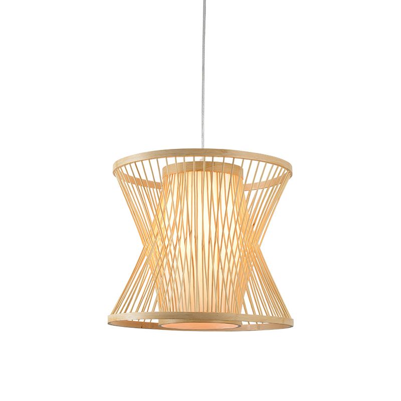 Symmetric Cage Pendant Lighting Nordic Bamboo 1 Bulb Beige Pendulum Light for Restaurant