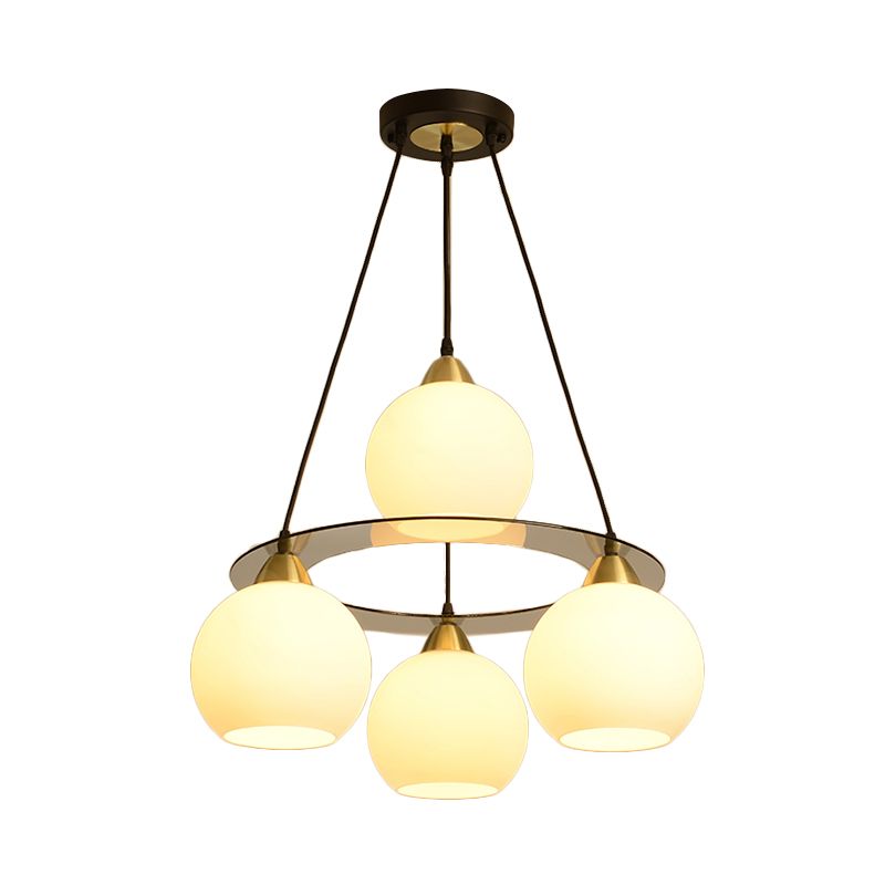 Modern 4 Heads Chandelier Light Black and Gold Spherical Ceiling Suspension Lamp with Opal Glass Shade