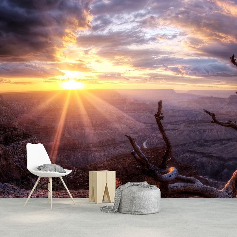 Brown Withered Branch Mural Sunset Mountain Landscape Modern Waterproof Wall Covering